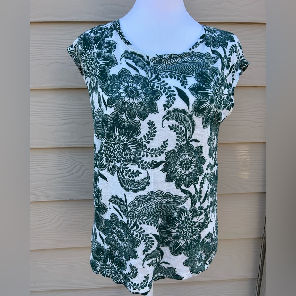 Rachel & Zoe 100% Linen Floral Print Cap Sleeve Top, Size Small.